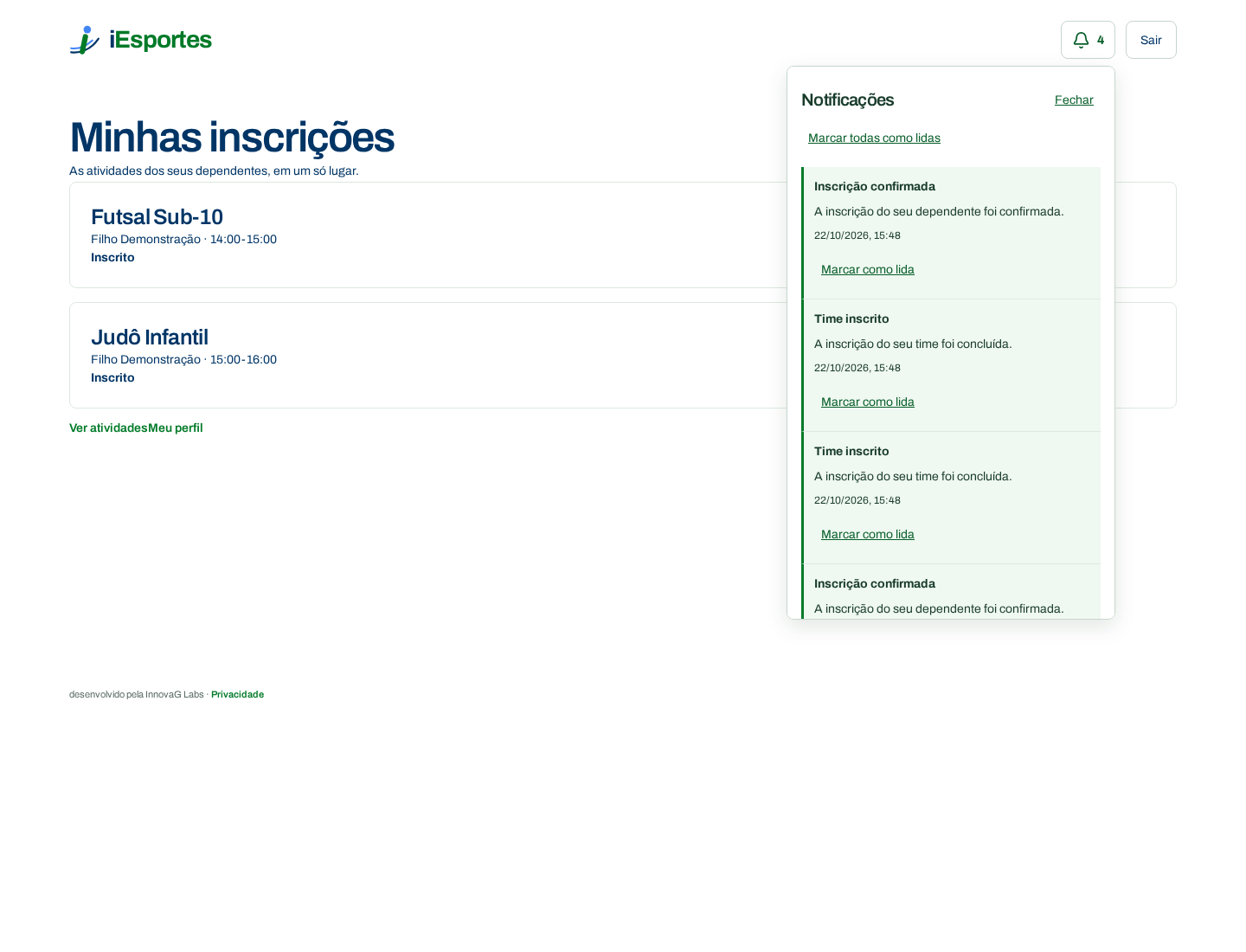 Área de inscrições com painel aberto de notificações e confirmações de demonstração.