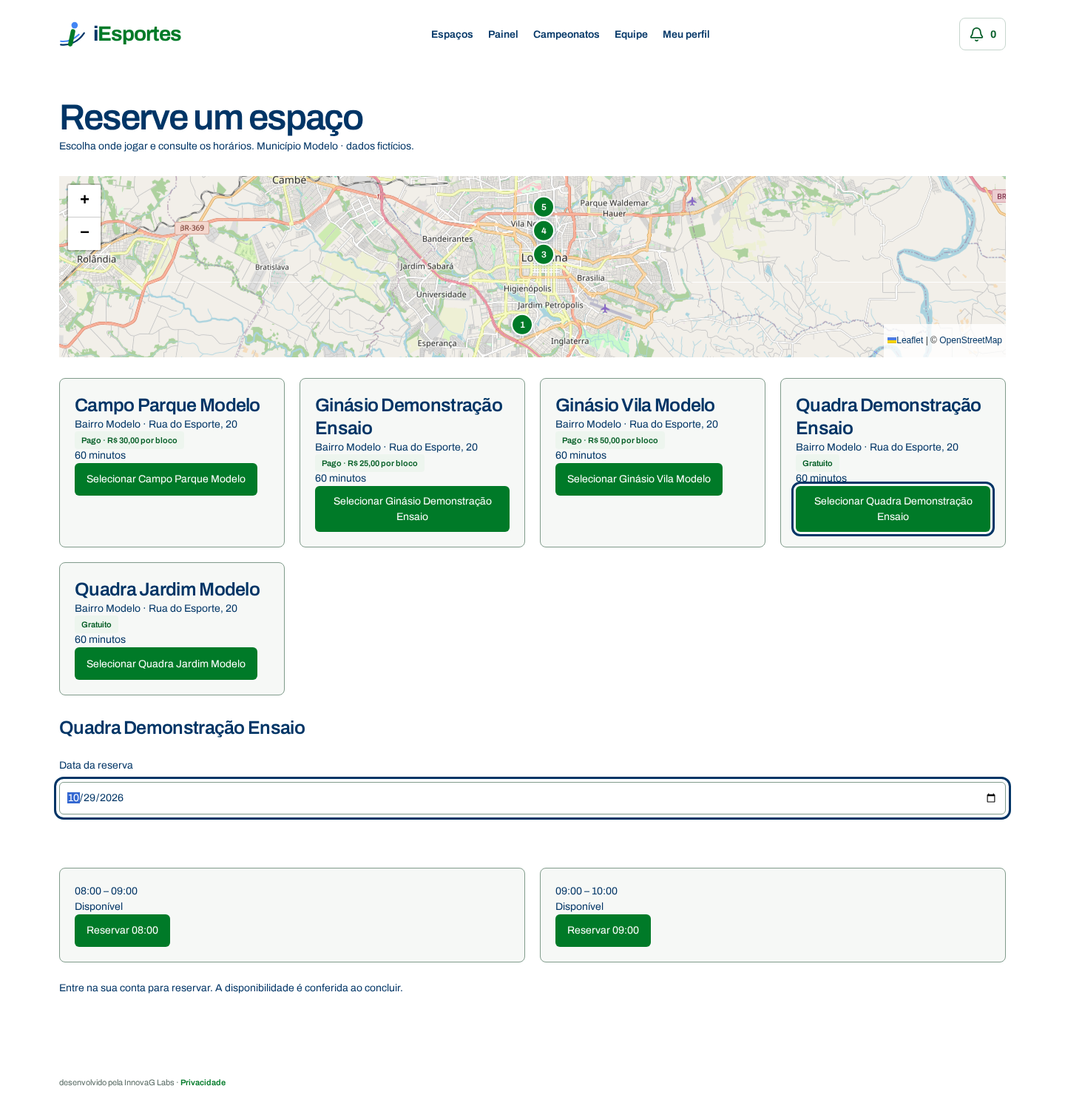 Reserva de espaço esportivo com os blocos de horário disponíveis, com dados fictícios de demonstração.